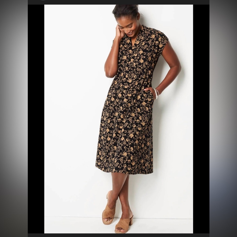 J Jill Wearever Double Face Jersey Fit and Flare Floral Black and Tan Dress L